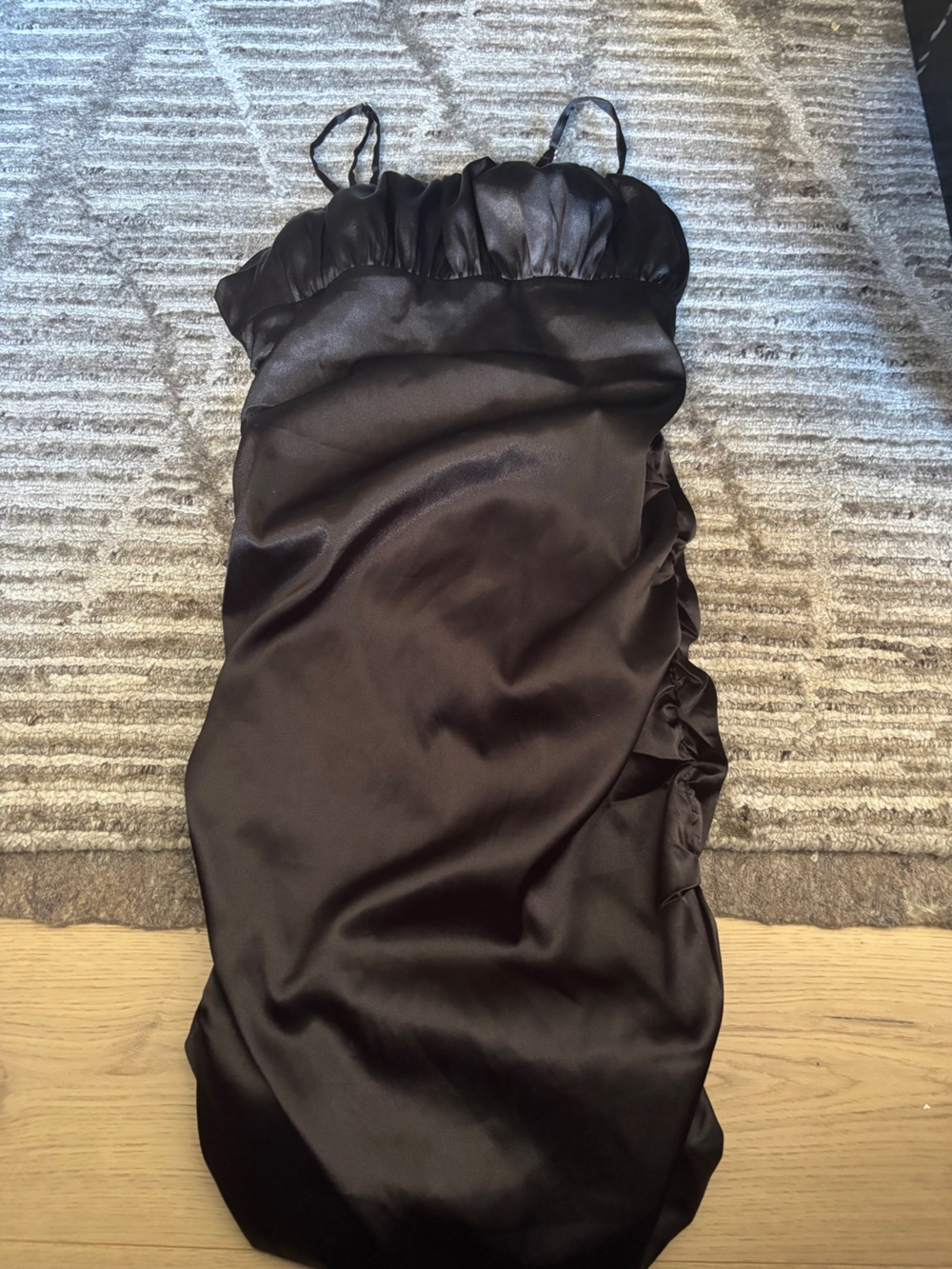 Satin Black Slip Chemise with Ruched Side Detail